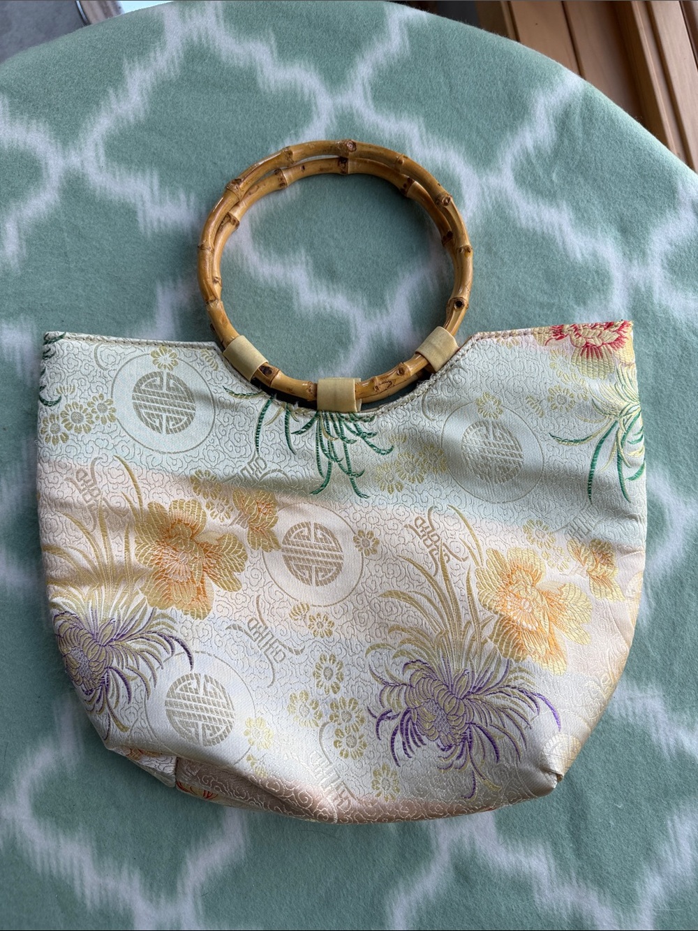 Satin Floral Bamboo-Handle Tote Bag in Ivory and Pastel Asian Auspicious Symbols
